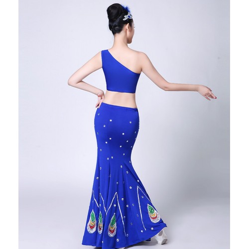 Chinese folk dance costumes Women's royal blue colored belly dance dresses chinese folk peacock modern mermaid dresses